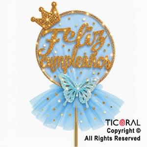 CAKE TOPPER FELIZ CUMPLEA�OS CIRCULO ORO CON TUL CELESTE